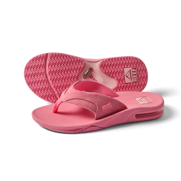 Fanning women's strawberry suede sandal showing top and bottom, beach-inspired comfort with arch support and soft cushioning.