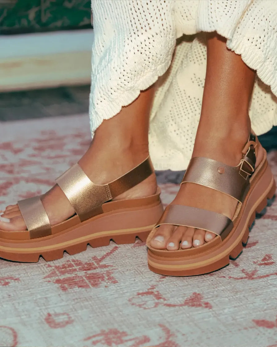 Close-up of left and right-facing platform sandals with metallic rose gold straps and thick, layered soles on feet indoors