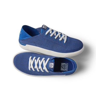 Kids Neptune unisex navy sneaker pair, top and side views, lightweight breathable knit with white laces and cushioned sole.
