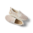 Pair of Neptune Elyse women's slip-on shoes with tan stripe pattern, right shoe facing right, top shoe showing outsole, comfort-focused design.