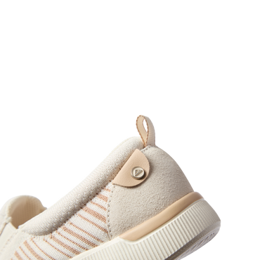 Neptune Elyse women's shoe close-up of tan striped heel facing right with soft-rebound cushioning and arch support