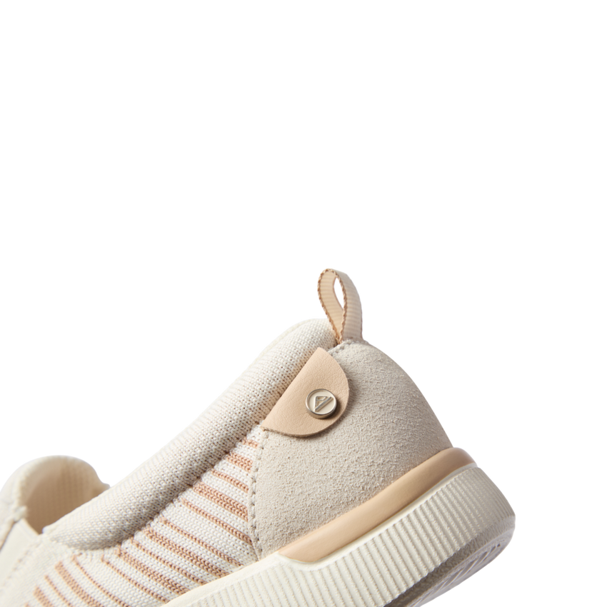 Neptune Elyse women's shoe close-up of tan striped heel facing right with soft-rebound cushioning and arch support