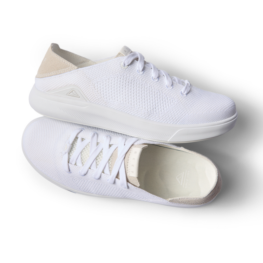 Pair of white Neptune HT shoes shown from top and side angles, lightweight, water-friendly, with arch support and cushioning.