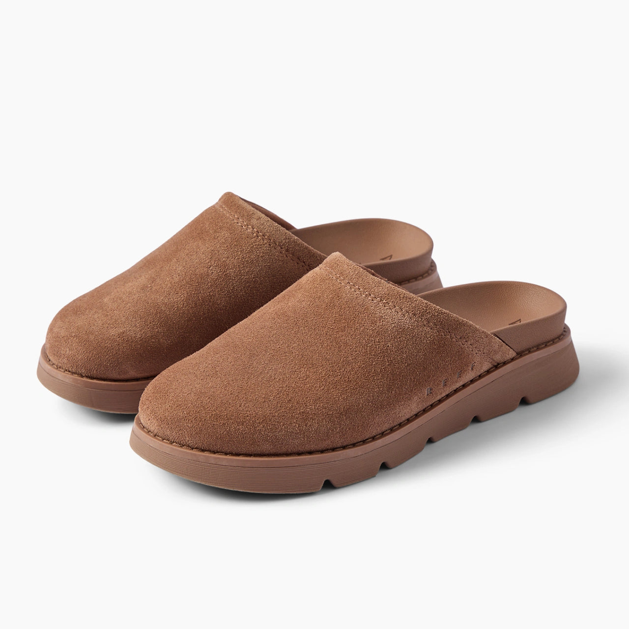 Vista Luxe Mariana brown suede clogs facing left with cushioned soles and anatomical arch support
