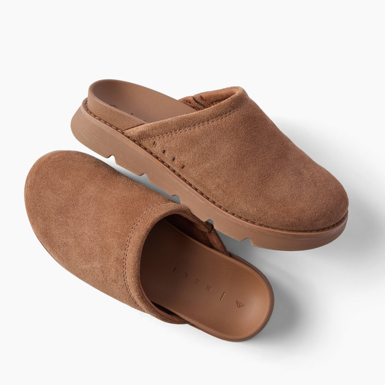 Vista Luxe Mariana brown suede clogs shown one facing right and one facing left with cushioned comfort