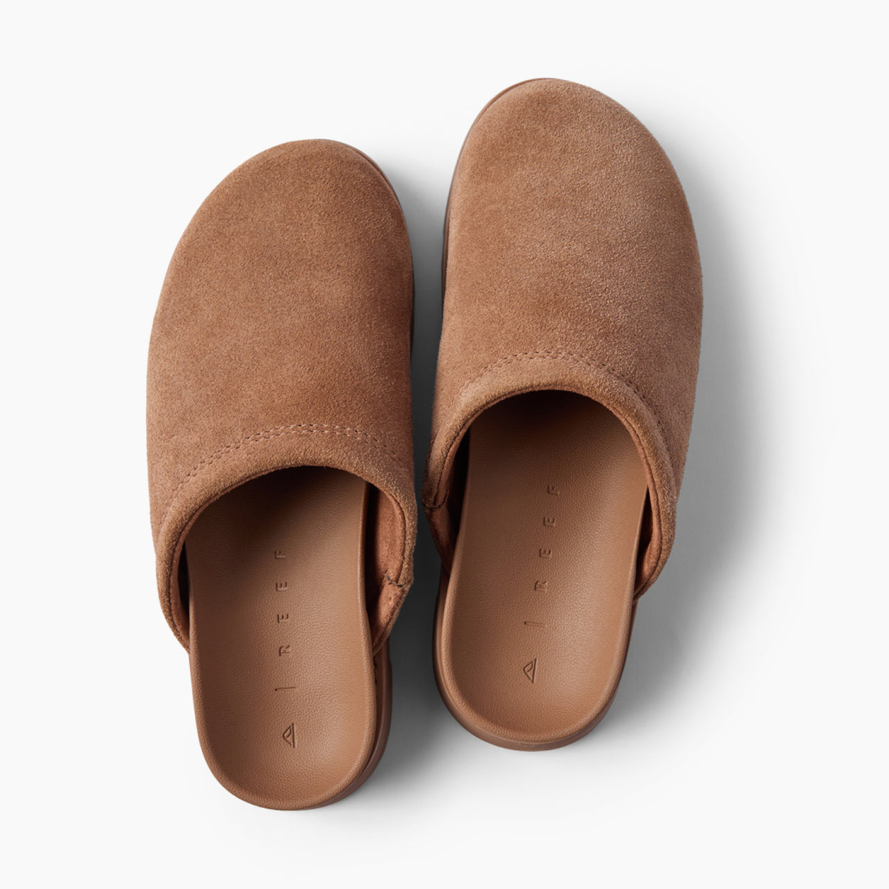 Vista Luxe Mariana brown suede clogs shown from above with toes facing upward for everyday comfort