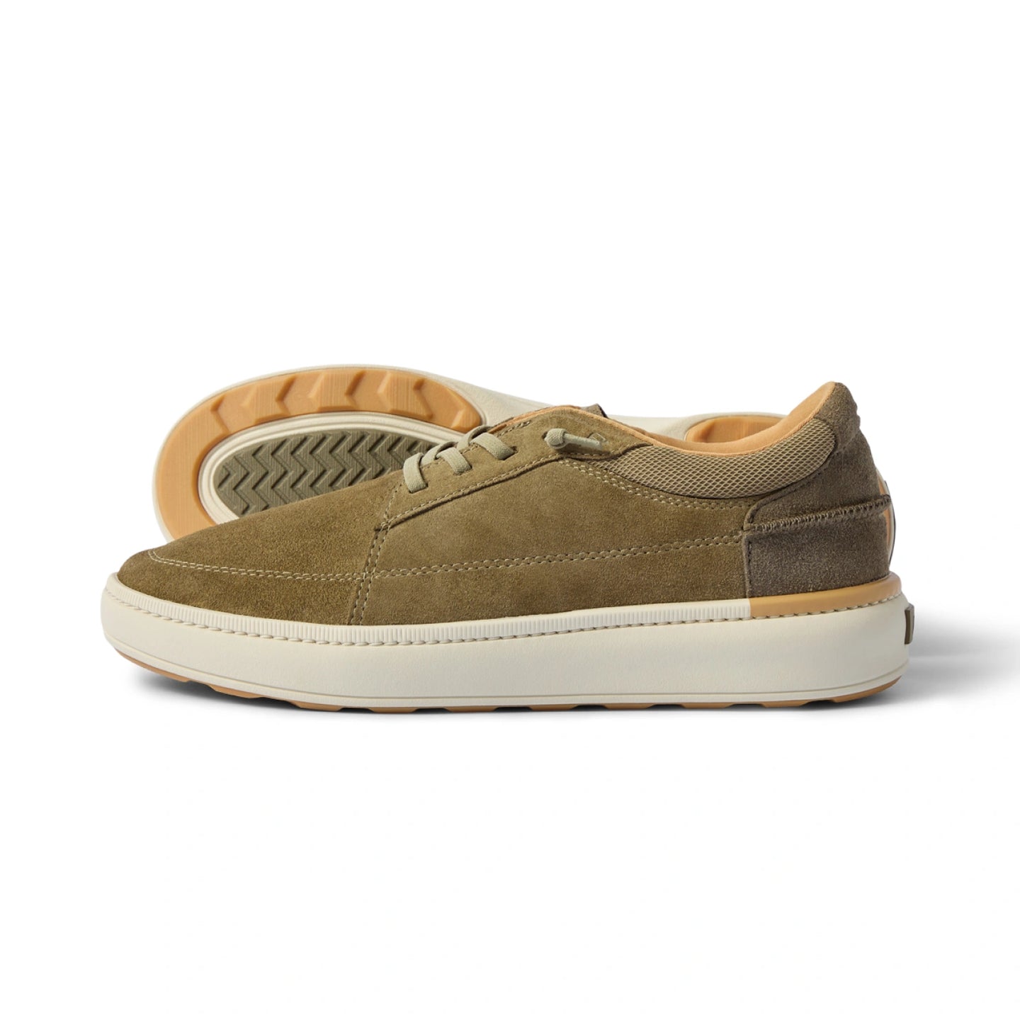 Side view of olive suede Verano shoe with cushioned sole and rubber outsole for durable, comfortable everyday wear