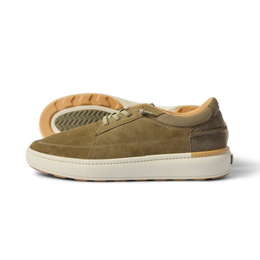 Side view of olive suede Verano shoe with cushioned sole and rubber outsole for durable, comfortable everyday wear