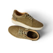 Pair of olive green Verano shoes shown from side and top view with suede upper, white sole, and laces for comfort and style