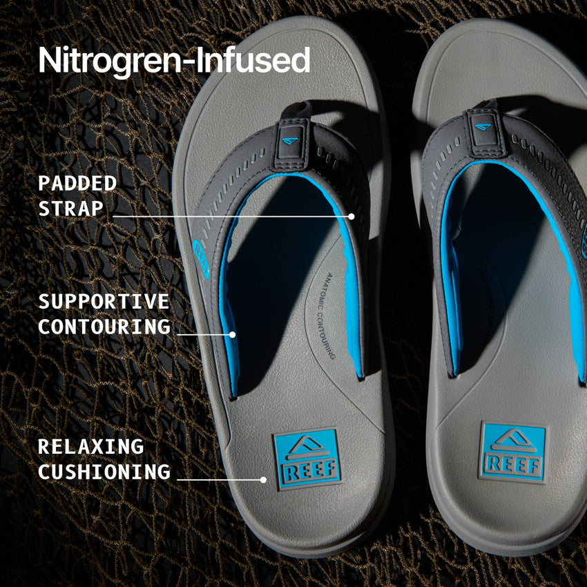 Image of a pair of flip flops with a net in the background, with text that says "Nitrogen-Infused", "Padded Strap", "Supportive Contouring" on the footbed, and "Relaxing Cushioning" on the heel