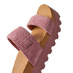 Cushion Vista Hi women's sandal facing left, close-up of textured pink suede straps with soft-rebound cushioning sole.