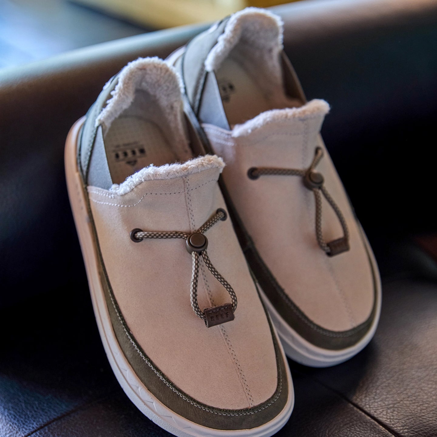 Rambler suede shoes with toes facing the viewer and cozy terrycloth lining visible