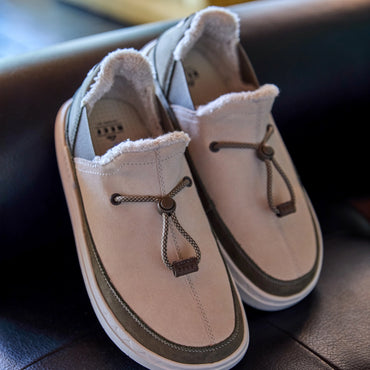 Rambler suede shoes with toes facing the viewer and cozy terrycloth lining visible