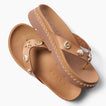 Vista Luxe Vivianahh tan sandals facing left with shell accents, ridged sole, and cushioned arch support for beach comfort.
