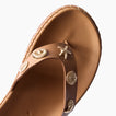Vista Luxe Vivianahh sandal facing right with tan footbed and gold seashell accents, close-up on toe strap for comfort.