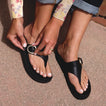 Vista Gabriella black leather sandal facing forward with buckle, worn, showing top and side, New Arrival Vistas comfort style