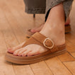 Vista Gabriella sandal facing left in brown suede with buckle, close-up on toe and arch support in suede sandals collection.