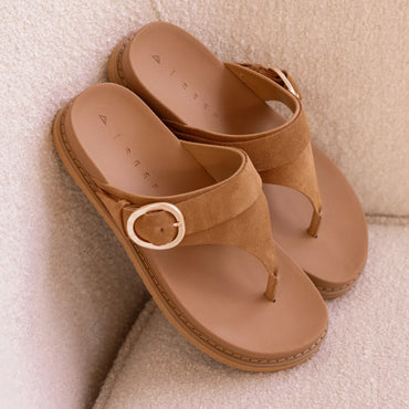 Vista Gabriella suede sandals facing up with buckle detail, arch support, and soft cushioning for beach comfort.