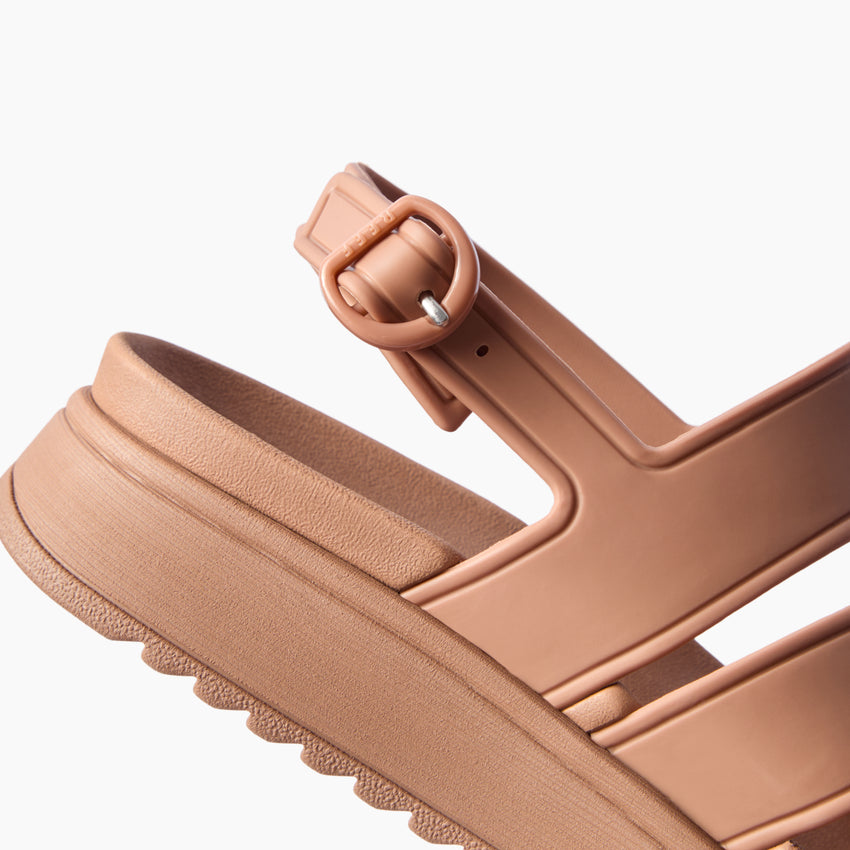 Vista Marbella tan sandal facing right close up showing adjustable buckle straps cushioned footbed and supportive sole