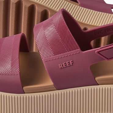 Close-up of the left side of Water Vista Higher sandal in cordovan, showing textured straps and cushioned footbed.