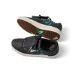 Top and side view of black Onshore Pebble X Palm men's sneaker with teal palm pattern, facing left, showing sole and upper design