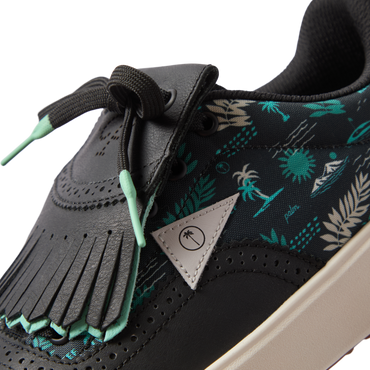Close-up of the right Onshore Pebble X Palm shoe front with surf-inspired print, soft cushioning, and arch support