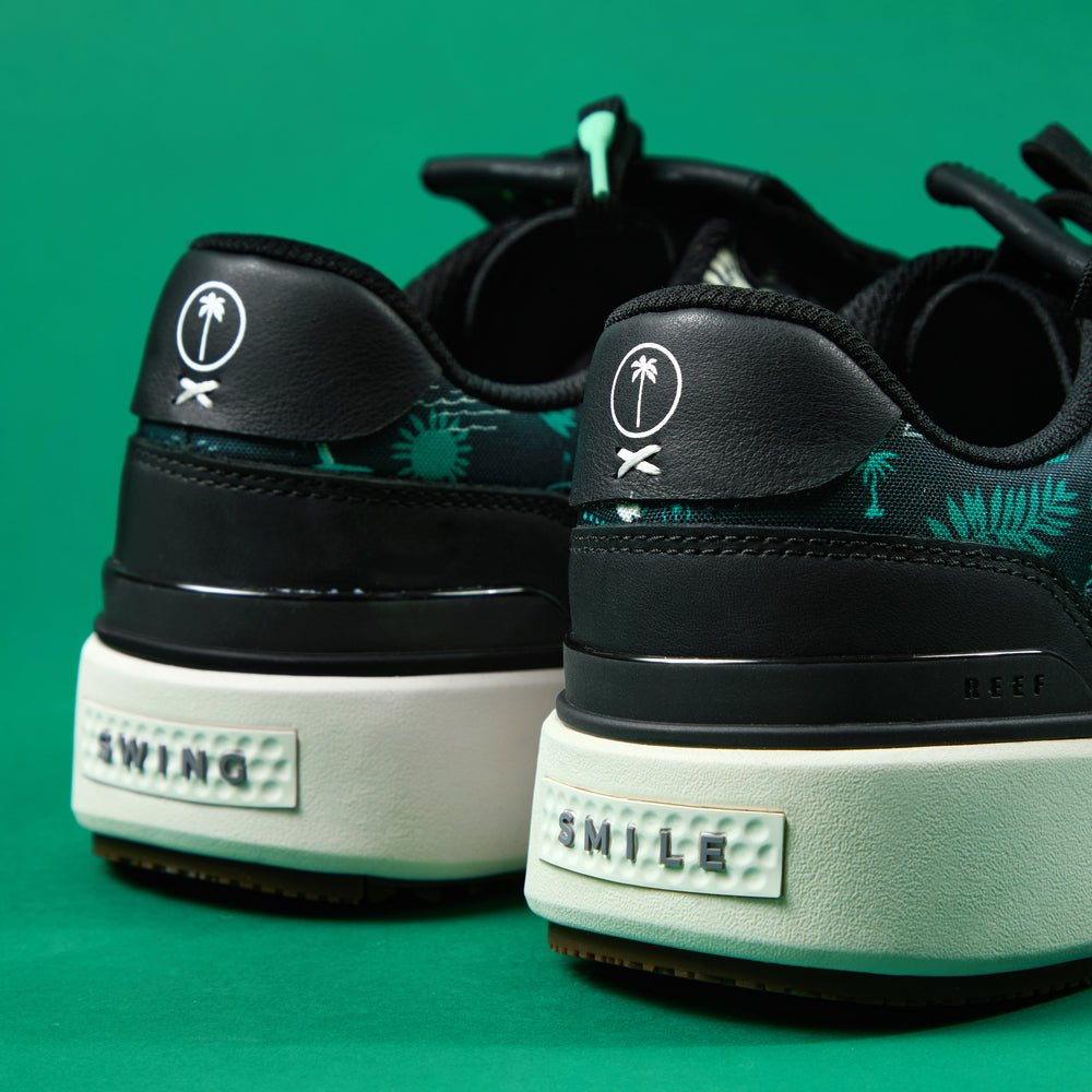 Close-up of the heel of Onshore Pebble X Palm sneakers facing backward, featuring surf-inspired comfort and arch support.