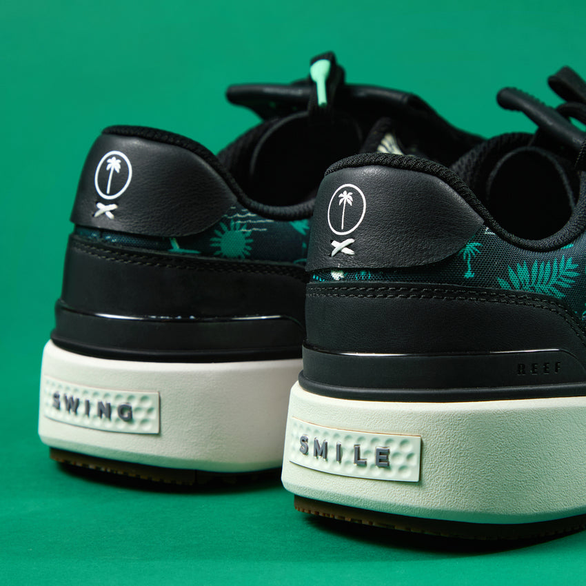 Close-up of the heel of Onshore Pebble X Palm sneakers facing backward, featuring surf-inspired comfort and arch support.
