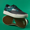Onshore Pebble X Palm men's sneaker facing left with palm leaf pattern, cushioned sole, and textured outsole shown bottom up.