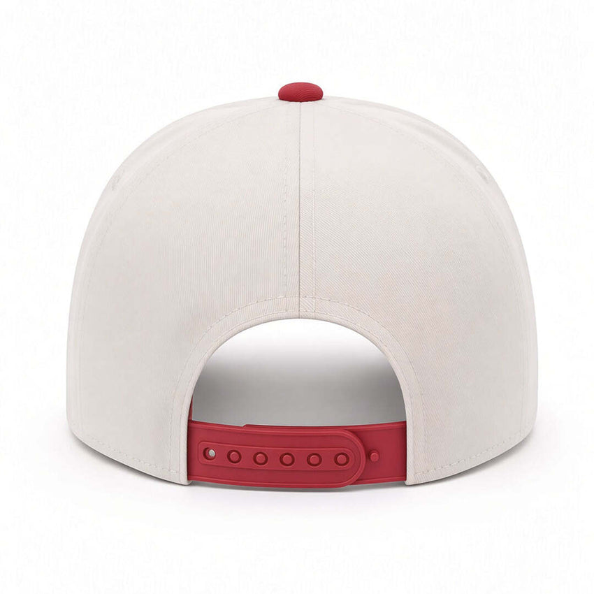 REEF x Palm Snapback white and red adjustable back view with rear closure