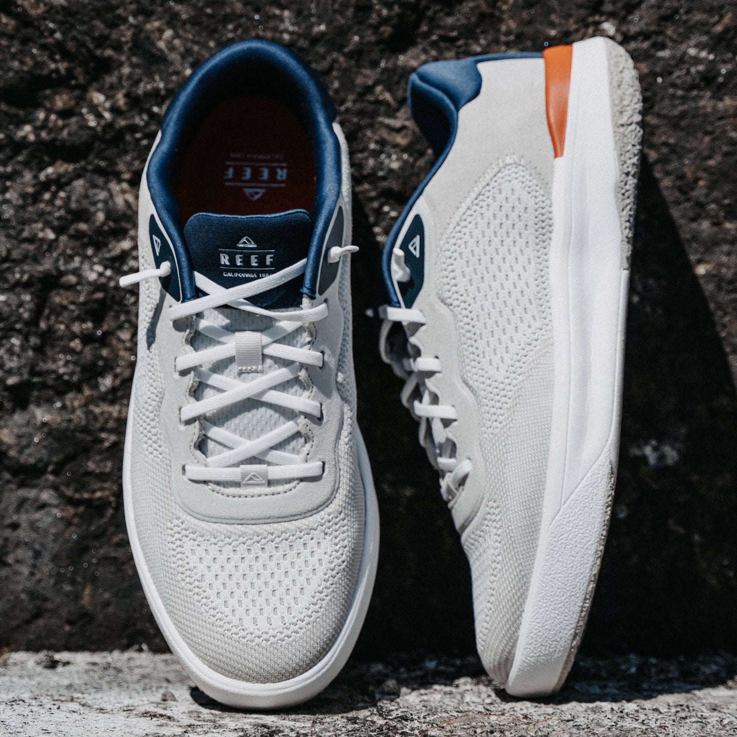 Shoreline Del Mar REEF sneakers one facing forward and one facing right showing cushioned comfort and mesh uppers