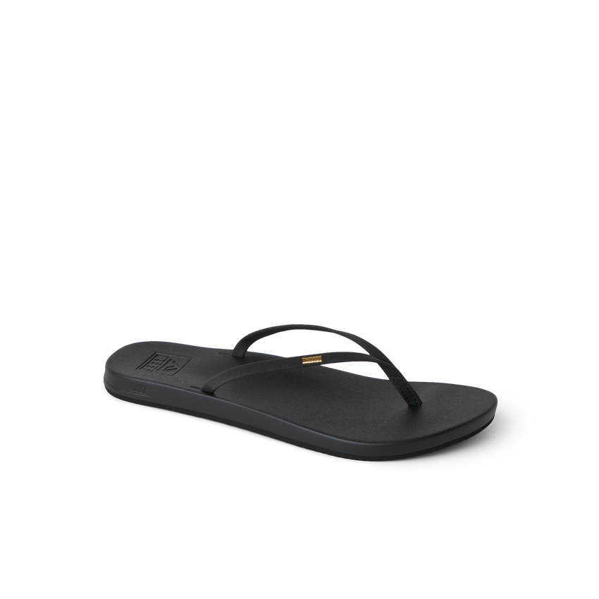 Cushion Slim women’s black sandal facing left, featuring soft-rebound cushioning and anatomical arch support.