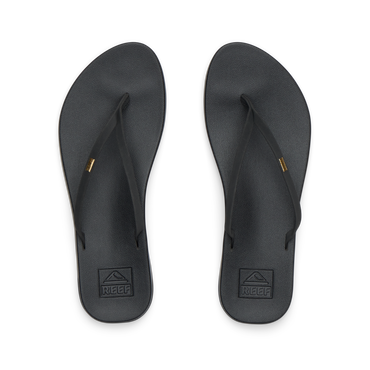 Pair of black Cushion Slim flip flops for women shown from top view, featuring soft-rebound cushioning and anatomical arch support.