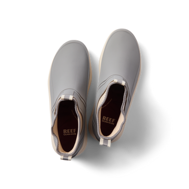 Top view of Scallywag men's slip-on shoes in grey birch with water-friendly material and cushioned footbed for beach comfort.