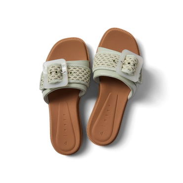 Top view of Sunny Emma women's sandals with sage textile straps, soft cushioned footbed, and anatomical arch support