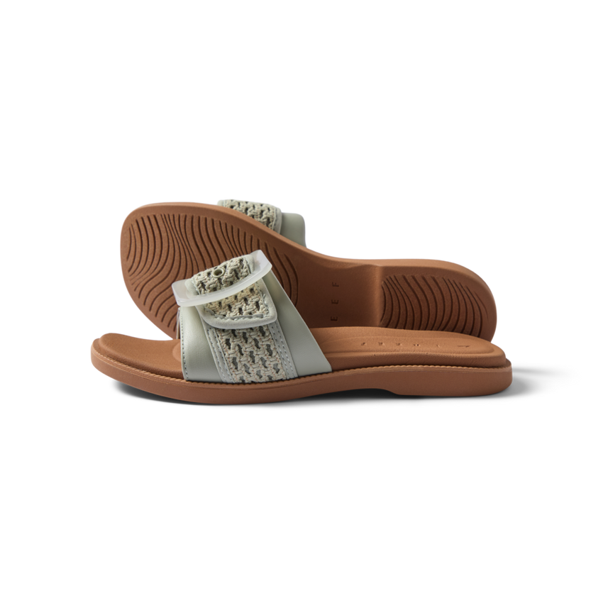 Side view of women's Sunny Emma sandals in sage textile with soft cushioning and arch support, facing left, beach-inspired design.