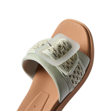 Close-up of the toe area of Sunny Emma women's sandal facing forward with cushioned, breathable textile straps.