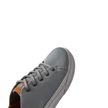 Atlantic men's grey sneaker facing right showing front and side with cushioned sole and arch support