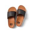 Top view of Sydnee Cutback Low black and tan slides for women, featuring water-friendly design and soft footbed comfort.