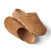 Vista Luxe Mariana suede clogs, one facing right and one facing lower left, with cushioned footbeds and arch support