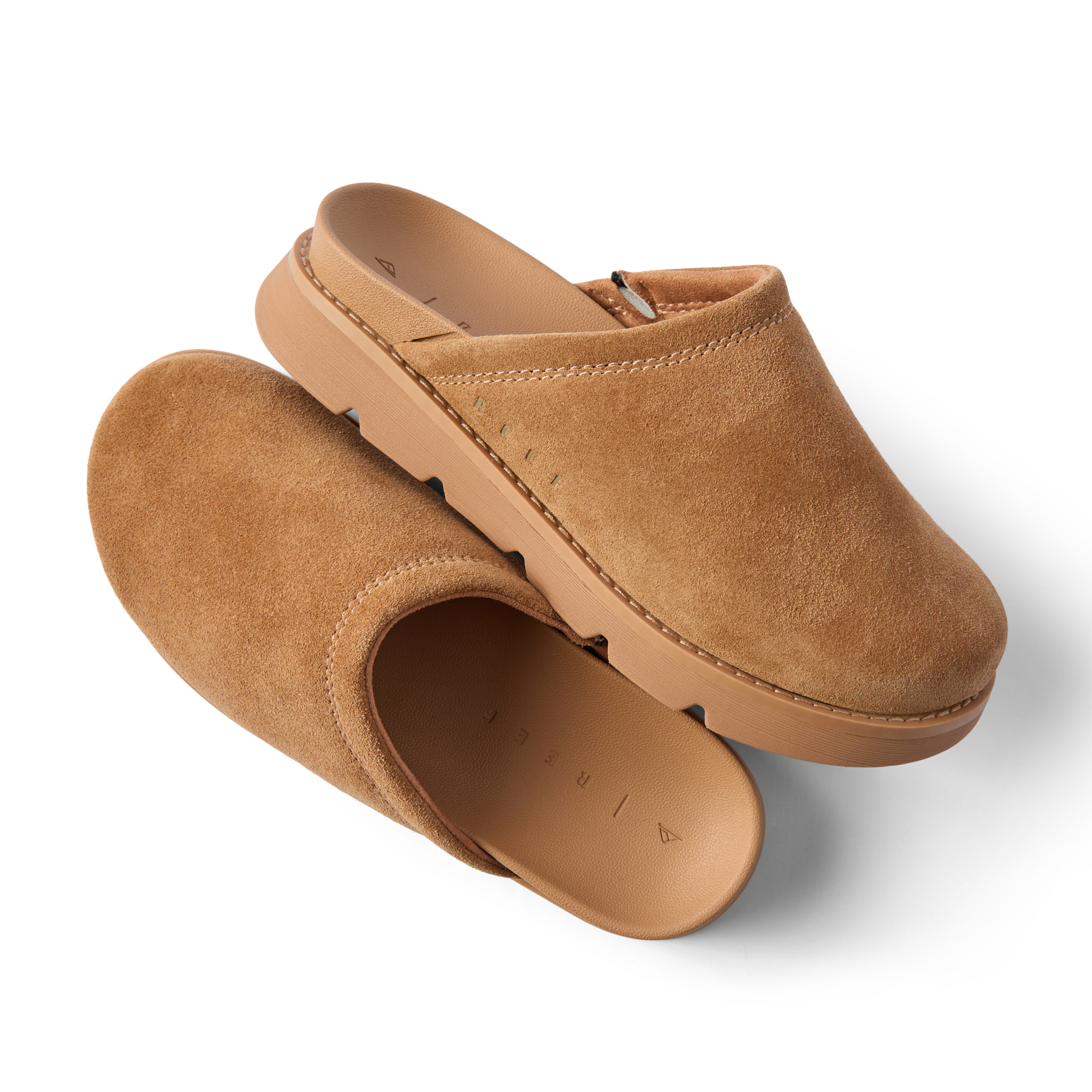 Vista Luxe Mariana suede clogs, one facing right and one facing lower left, with cushioned footbeds and arch support
