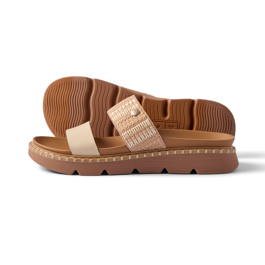 Vista Luxe Thea women's sandal shown from the side and bottom with cushioned sole and vegan leather straps