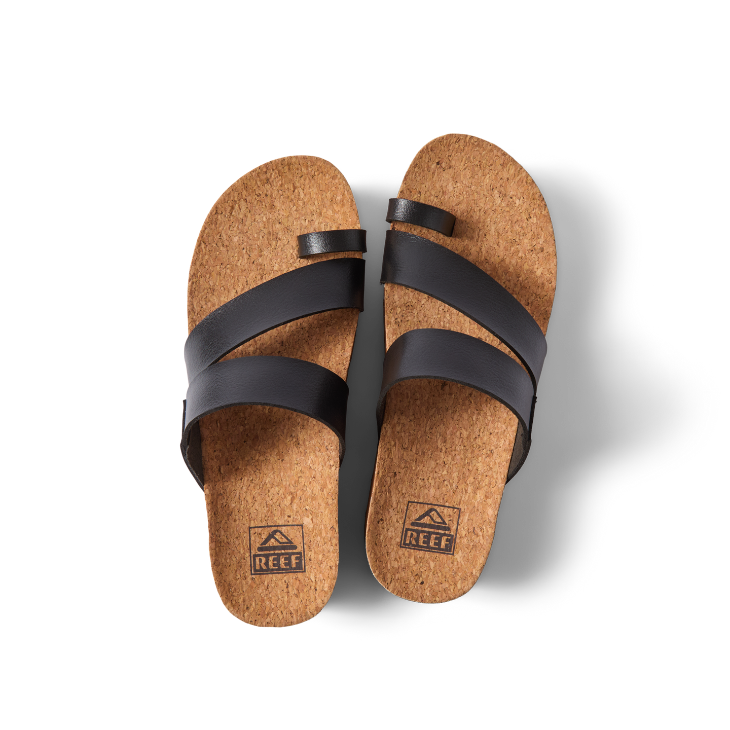Top view of Vista Hi Layla black sandals for women with cork footbed, soft-rebound cushioning, and anatomical arch support.