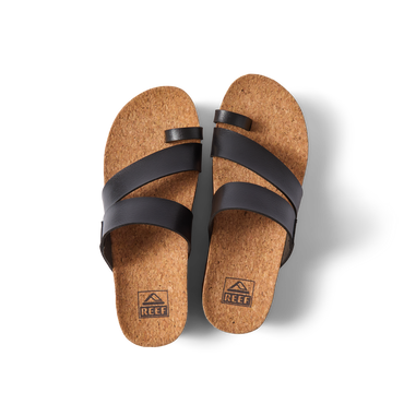 Top view of Vista Hi Layla black sandals for women with cork footbed, soft-rebound cushioning, and anatomical arch support.