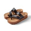 Vista Hi Layla women's sandals facing left, black straps with toe loop, cushioned cork footbed, platform sole, beach-inspired comfort.