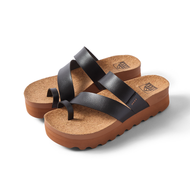 Vista Hi Layla women's sandals facing left, black straps with toe loop, cushioned cork footbed, platform sole, beach-inspired comfort.
