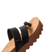 Vista Hi Layla sandal facing left, close-up of black straps and cork footbed with soft-rebound cushioning and arch support
