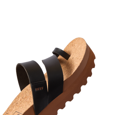 Vista Hi Layla sandal facing left, close-up of black straps and cork footbed with soft-rebound cushioning and arch support