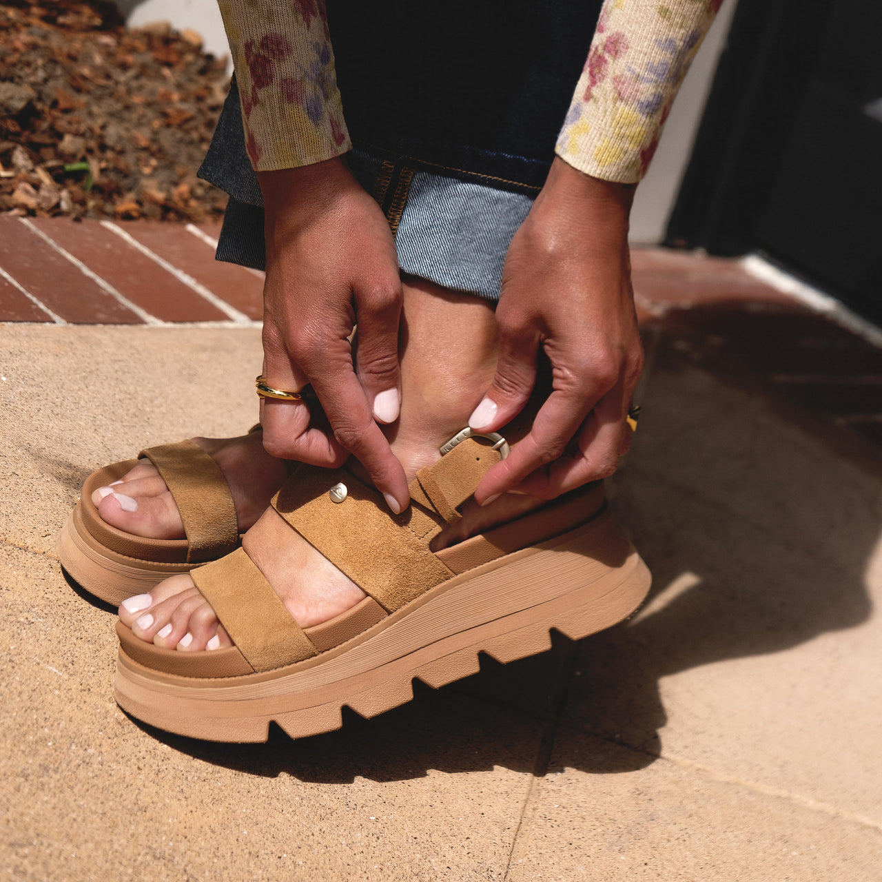 Vista Luxe Liah facing left, women's tan suede platform sandal with adjustable back strap and cushioned sole for all-day comfort.