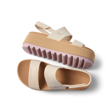 Water Vista Higher women's sandals shown from top and side with cushioned sole and textured outsole in pale mauve and cream colors.